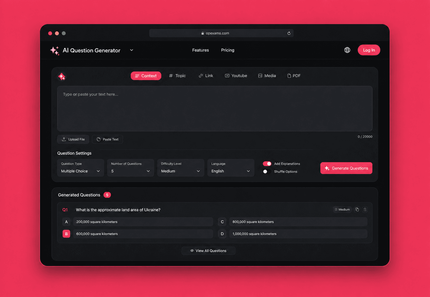 AI Question Generator workspace with content inputs, question settings, and generated questions on a coral showcase background