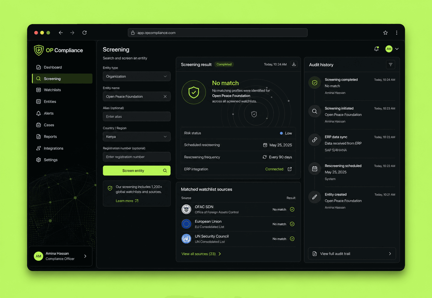 OP Compliance screening workspace framed in a browser on a bright green system background
