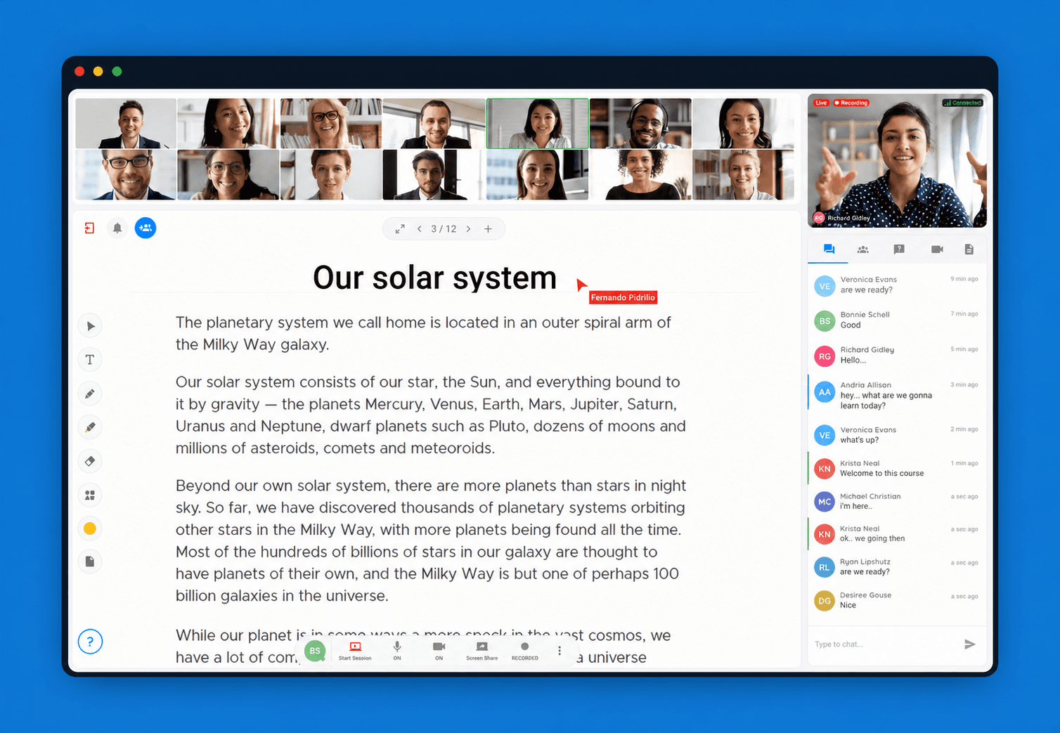 OTTO Ed live classroom interface on a blue showcase background